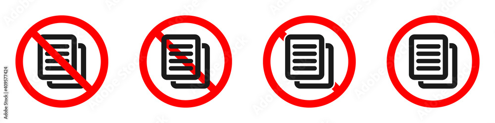Sticker stop or ban red round sign with document icon. file is prohibited