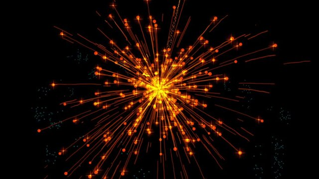 Isolated black background. Abstract particles of festive fireworks against the background of the launch and explosion of rockets in the sky. Holiday, celebration, anniversary. 3D illustration.
