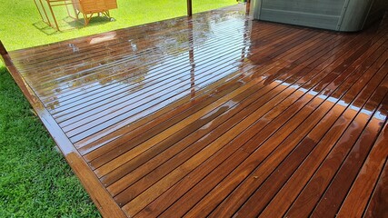 Freshly oiled Australian Spotted Gum Timber Deck for home entertainment area