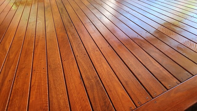 Freshly oiled Australian Spotted Gum Timber Deck for home entertainment area