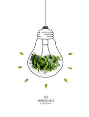 Energy saving eco lamp, made with green sprout and leaves,isolated on white background. LED lamp with green leaf. Minimal nature concept.Think Green.Ecology Concept. Environmentally friendly planet. - obrazy, fototapety, plakaty