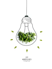 Foto op Canvas Energy saving eco lamp, made with green sprout and leaves,isolated on white background. LED lamp with green leaf. Minimal nature concept.Think Green.Ecology Concept. Environmentally friendly planet. © Ira
