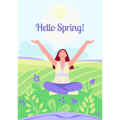 Hello Spring. The girl sits against the background of a spring landscape. Vector illustration in flat cartoon style. For banner, cover, templates, posters.