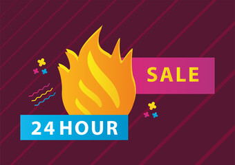 24 hours sale countdown lettering with fire flames in purple background