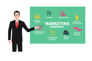 Businessman present a marketing strategy on board.Vector illustration.