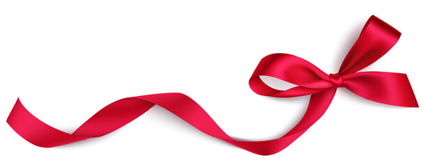 Decorative red bow with long red ribbon isolated on white background. Holiday decoration for Christmas or  Valentines day sale design. Vector stock illustration	 - 409579284