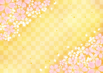 桜と金箔と市松模様　高級感のある和風背景素材（金色）
