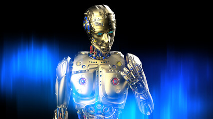 Detailed appearance of the gold AI robot staring at its own hand under blue lighting background. 3D illustration. 3D high quality rendering. 3D CG.