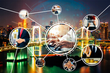 Business network web banner photo set in concept of management and growth by using corporate teamwork and people networking skills .