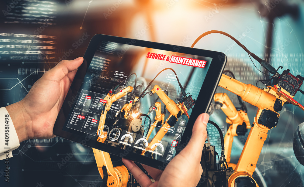 Poster engineer controls robotic arms by augmented reality industry technology application software. smart 