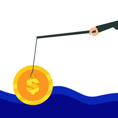 flat cartoon design of man fishing coins in waters