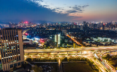 Aerial photography of Hangzhou, Zhejiang, city architecture landscape skyline panorama twilight