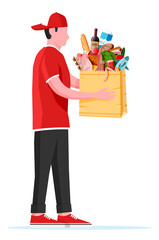 Man with shopping bag full of fresh products. Grocery store supermarket. Food and drinks. Milk, vegetables, meat, chicken cheese, sausages, salad, bread cereal steak egg. Flat vector illustration