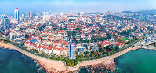 Fototapeta premium Aerial view of European architecture landscape in Qingdao old city