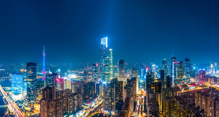 Aerial photography Guangzhou CBD architectural landscape skyline twilight