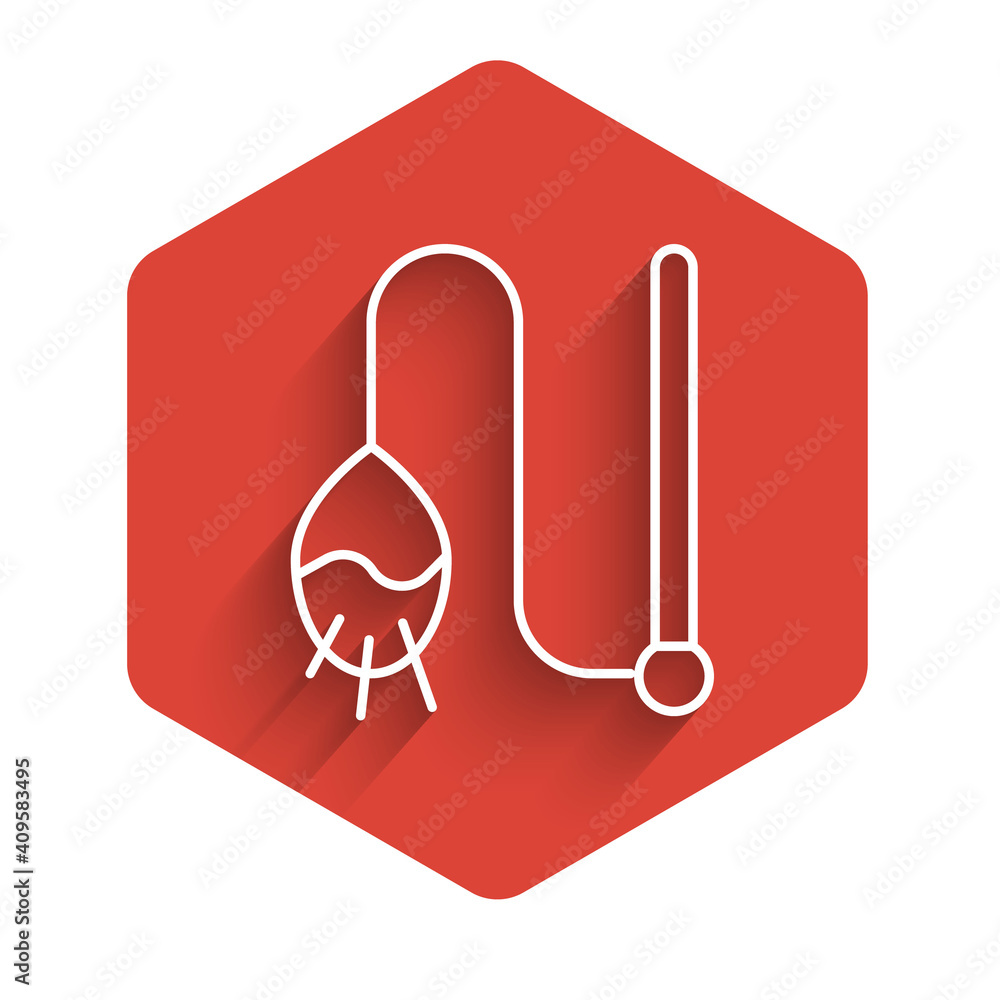Poster white line pet cat toy icon isolated with long shadow. red hexagon button. vector.