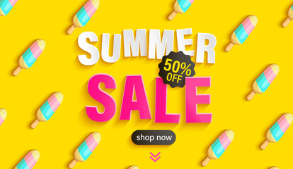 Summer Sale banner with ice cream pattern on yellow background, hot season big discounts poster.Invitation for shopping, special offer card, template design for promotions, flyers.Vector illustration.