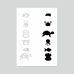 A game for the child to find the shadow. Drawing of fish and sea creatures and their shadows. Vector illustration for playing with a child.