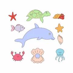 Foto op Plexiglas Een set met zeeleven. Schildpad, zeesterren en vissen. Verzameling van elementen voor een kinderboek. Vectorillustratie in de doodle-stijl. © Полина Екимова