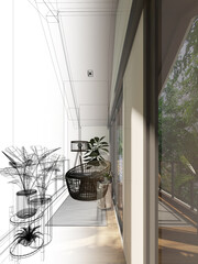 easychair with tree on wood terrace, 3d rendeing