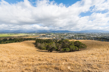 Fototapeta na wymiar Wither Hills with Blenheim town in Marlborough region of South Island, New Zealand