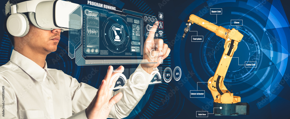 Poster engineer controls robotic arms by augmented reality industry technology application software. smart 
