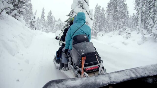 people on snowmobile going through winter forest