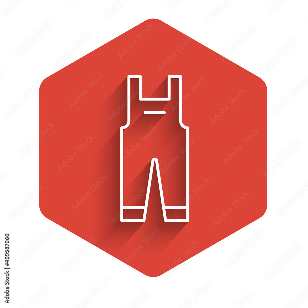 Poster white line work overalls icon isolated with long shadow. red hexagon button. vector.
