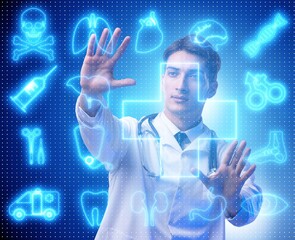 Telemedicine concept with doctor pressing virtual buttons