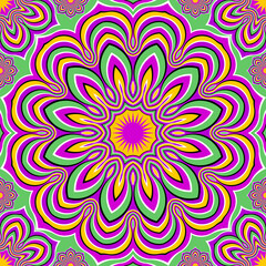 Green floral background with hypnotic flower. Optical expansion illusion. Seamless pattern.