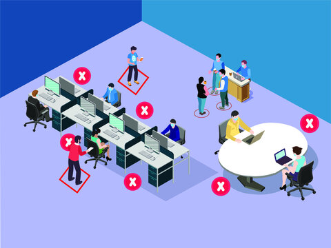 Social Distancing At Office Workstation. Employees Are Maintain Distance During Work At Workstation. Safety Awareness Of Covid-19 Virus. Vector Illustration Of People Are Working On A Desk .   