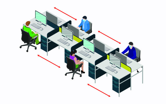 Wearing Mask At Office. Social Distancing At Office Workstation. Employees Are Working Together On Desk With Maintaining Distance For Covid 19 Virus. Vector Illustration Of Workstation Signage.