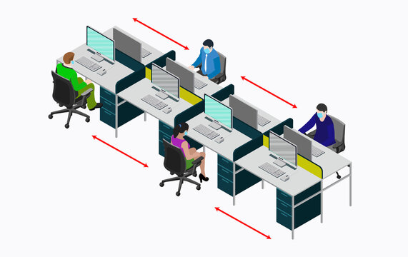 Wearing Mask at Office. Social distancing at office workstation. Employees are working together on desk with maintaining distance for covid 19 virus. Vector illustration of workstation signage.