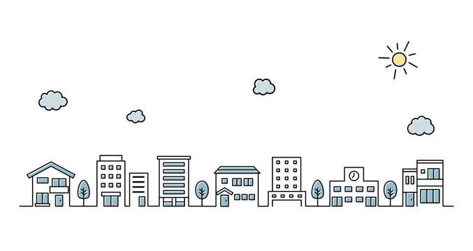 街並みのイラスト シンプル 空 線 背景 おしゃれ アイコン 町 ビル 風景 都会 Stock Vector Adobe Stock