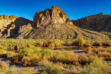 The Salt River running through a valley in the Arizona desert