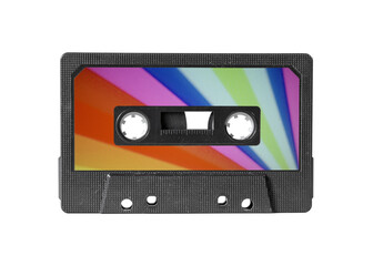 An old vintage cassette tape from the 1980s (obsolete music technology), with angled stripes as a label.
