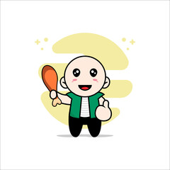 Cute men character holding a chicken meat.