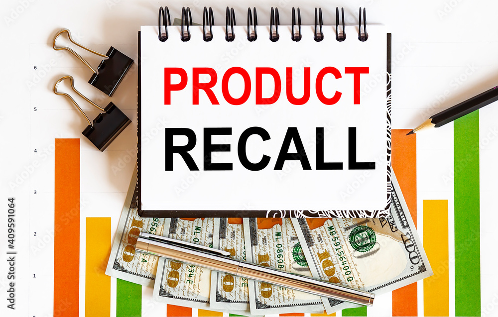 Poster notebook with toolls and notes about eproduct recall, with dollar and chart