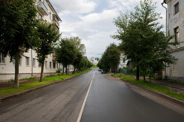 View of residential buildings on Gornaya street in the city of Kostroma on a summer evening