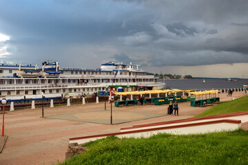 Gold ring of Russia.Cruise ship at the pier on the Volga river in the city of Kostroma on a summer...