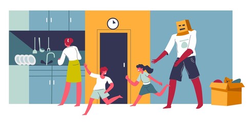 Parents and kids in kitchen playing with father