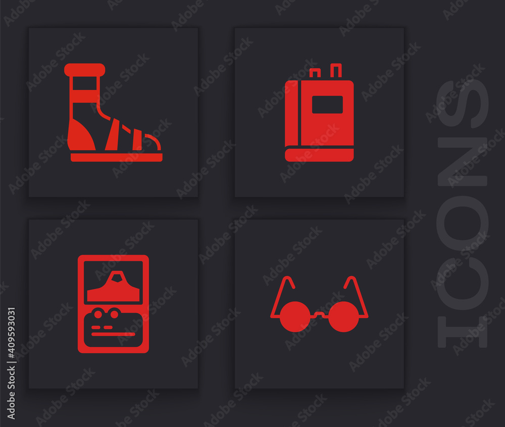 Poster Set Eyeglasses, Slippers with socks, Book and Card game icon. Vector.