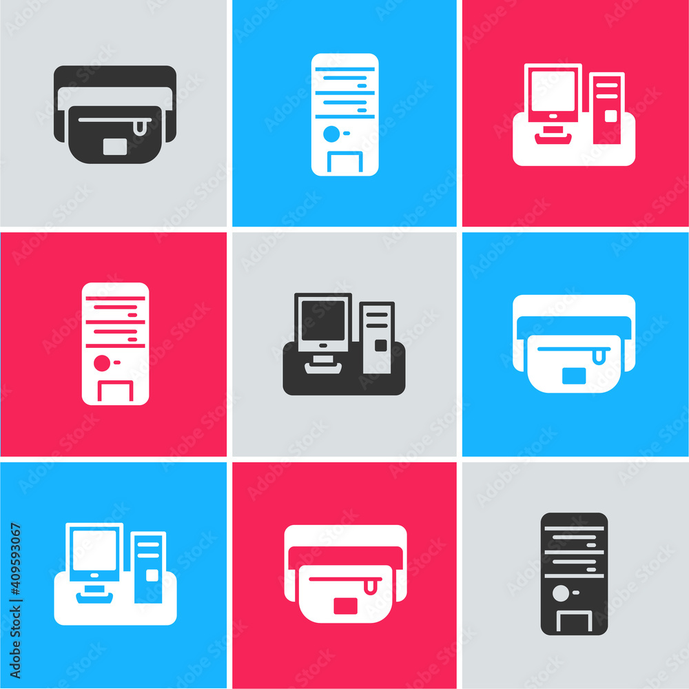 Aufkleber set waist bag of banana, computer and monitor with keyboard icon. vector.