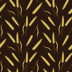 Vector seamless pattern with ears of wheat on brown background; for wrapping paper, packaging, fabric, textile. - 409593218
