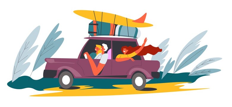 People driving car to seaside, van with surfboard