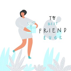 Birthday celebration greeting card design. Present for friend. Hand written text , woman, plants. Vector illustration