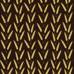 Vector seamless pattern with vertical ears of wheat on dark brown background; for wrapping paper, packaging, fabric, textile. - 409593448