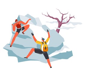 Climbing people in mountains, vacations and sports