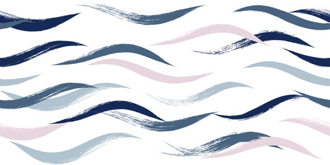 Seamless Wave Pattern, Hand drawn water sea modern vector background. Wavy beach brush stroke, curly grunge paint lines, watercolor illustration