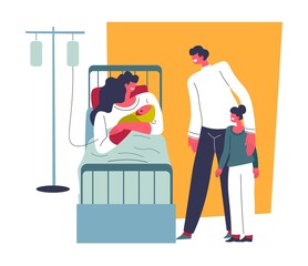 Woman holding newborn child in hospital bed vector